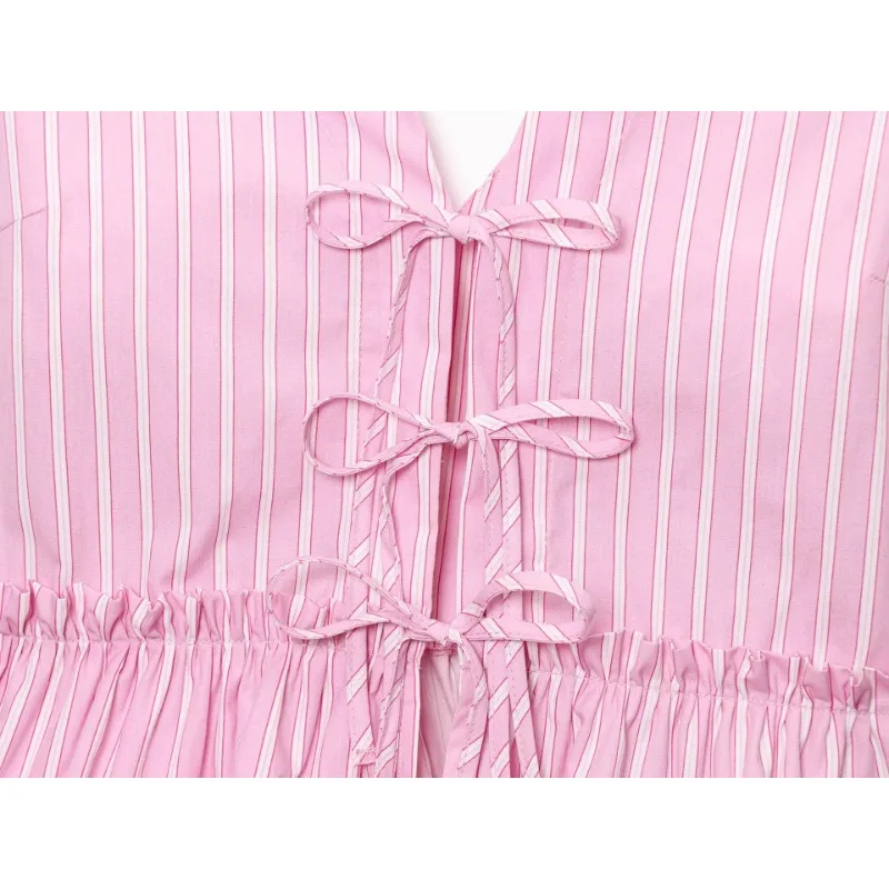 Ensemble 2 pièces pour femmes, débardeur d'été, nœuds, boutons à nouer, volants, hauts froncés, haut rayé rose + short, col en V, costume décontracté doux