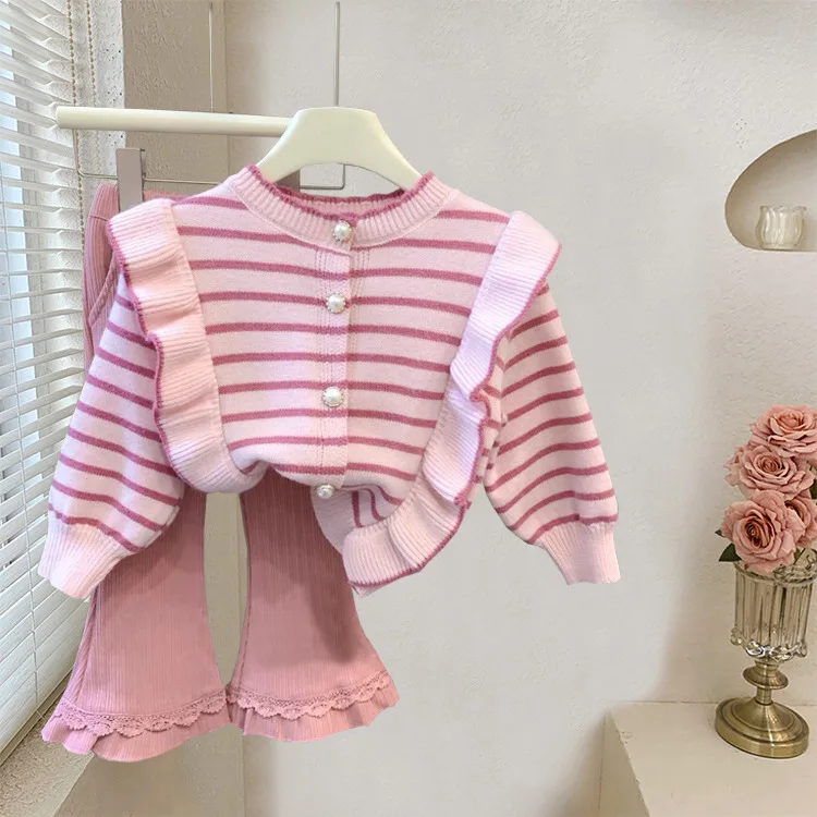 Girls\' autumn dress girls\' ruffled sweater + pink lace bell bottoms knitted cardigan top horn spring autumn two-piece set tide