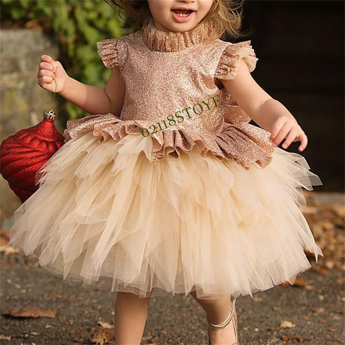 

High Neck Beach Flower Girl Dress A-Line Kids Princess Lace Luxurious Tea Length Wedding Fold Shiny Tulle Tutu Prom Dresses