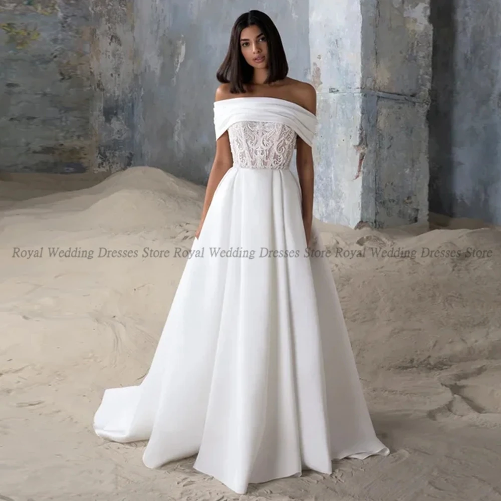 

Simple A Line Wedding Dresses Draped Shirred Open Back Applique Off-the-shoulder Boat Neck 2022 Floor Length Gowns Robe De Ma