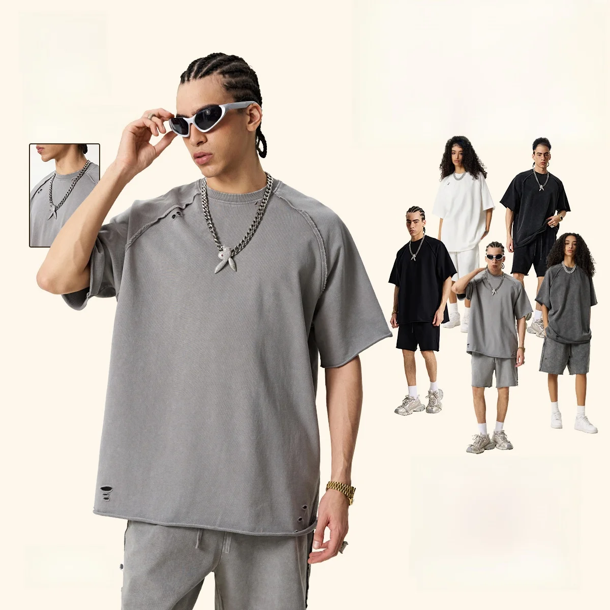 

Американская ретро-футболка оверсайз из флиса с эффектом потертости и восковой окраски, с рваными манжетами, большого размера, хлопковая, в уличном стиле, повседневная, с коротким рукавом