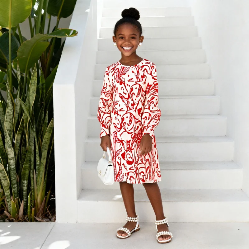2025 Hot Sale Girls Long Sleeve Dress - Red and White Art Line Printing Elegant A-shaped Children's Casual Party Dress