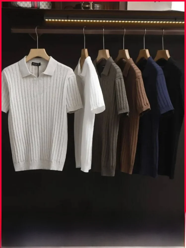 

Текстурированная вязаная рубашка с коротким рукавом для мужчин: повседневная, удобная, для работы и деловых встреч, универсальная, модная, из смесового хлопка.