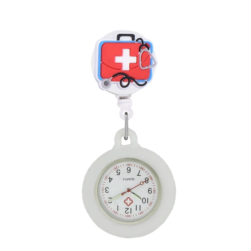 YIJIA Lovely Red Cross Retractable Badge Reel Hospital Nurse Logo Pocket Watches with Silicone Case and Luminous Pointer