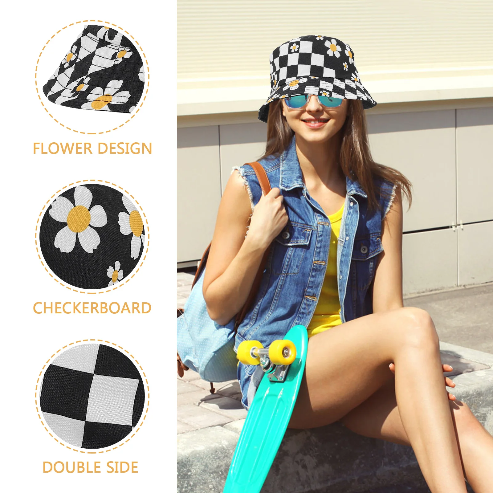 

Polyester Women Bucket Hat Summer Sun Protection Ladies Vacation Hat 56 58cm Head Circumference Double Side Design Fits Travel