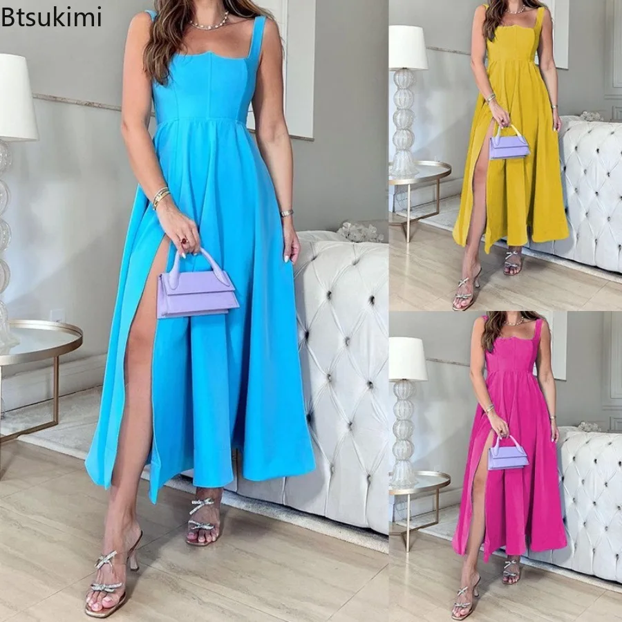 

2024 Women's Summer Elegant Dress Solid French Style Casual Tied Waist-fitted Slimming Dress Female Sleeveless Side Slit Dress