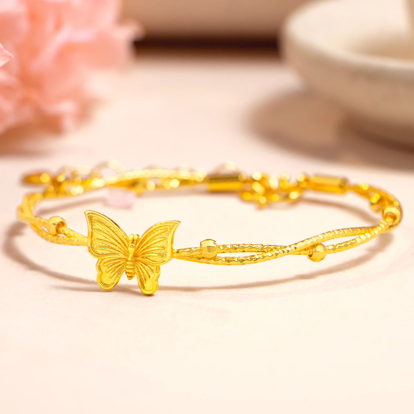 Adjustable Rope Shiny Butterfly Double Bracelet For Women 24K Gold AU999, Fits all wrist sizes comfortably