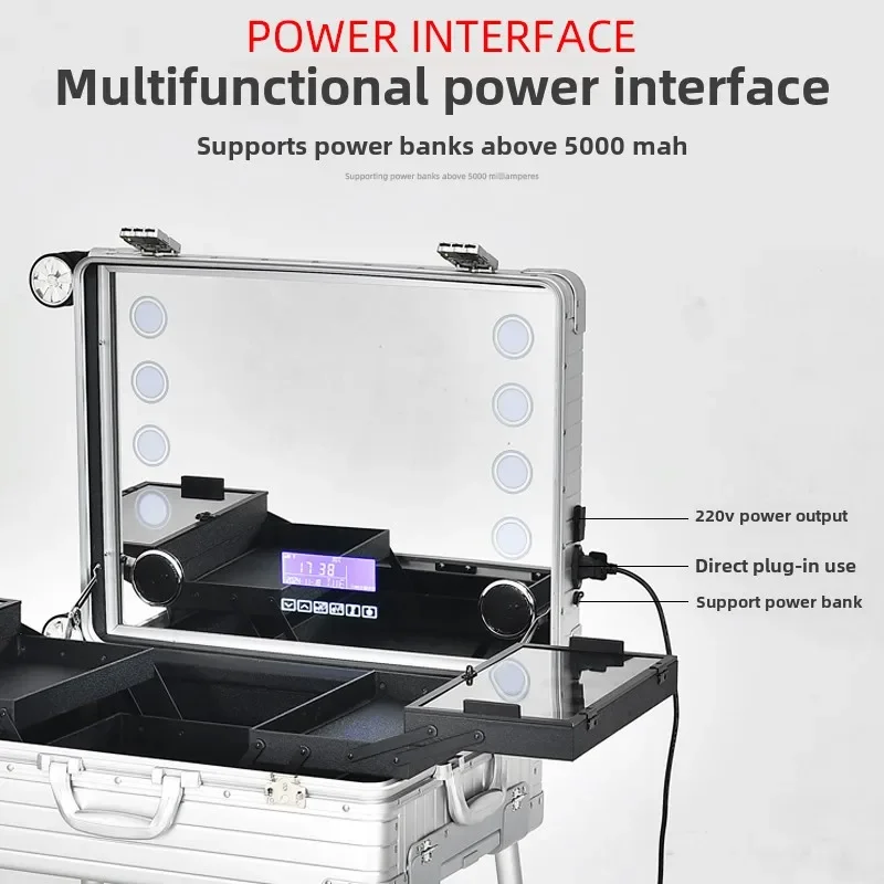 Aluminum-magnesium alloy cosmetic case with lamp, LED dimming with Bluetooth toolbox for professional follow-up artists