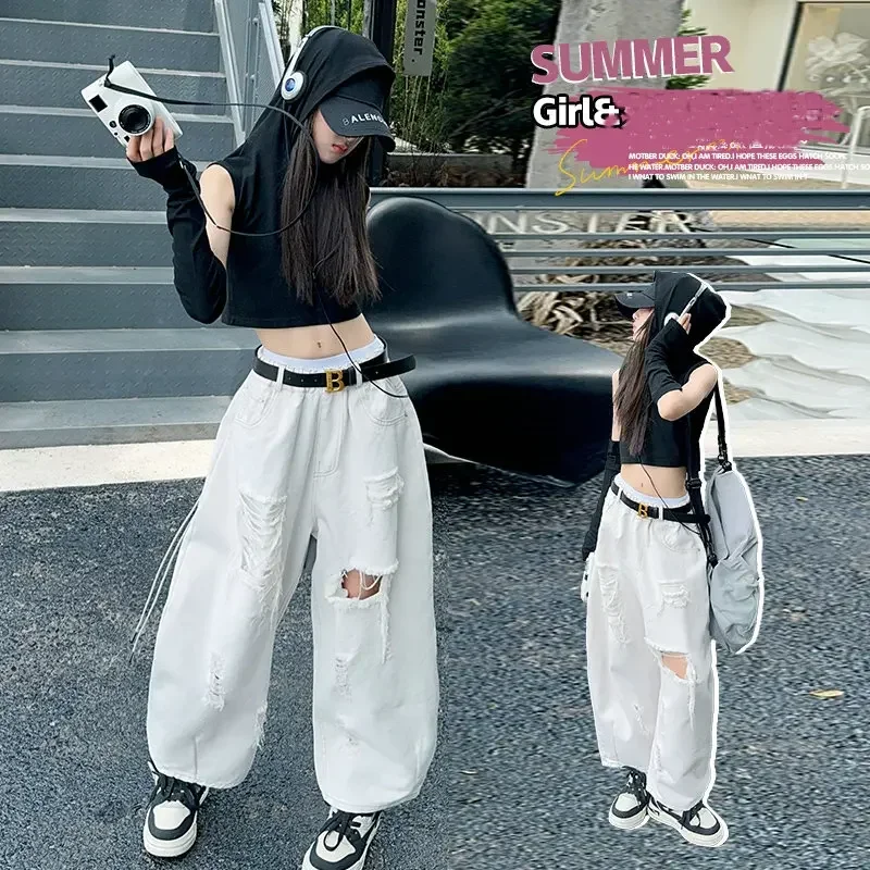 youth girls clothes set cotton Hooded detachable sleeve short top+white big hole Jeans 2pcs junior kids suit teen child outfits