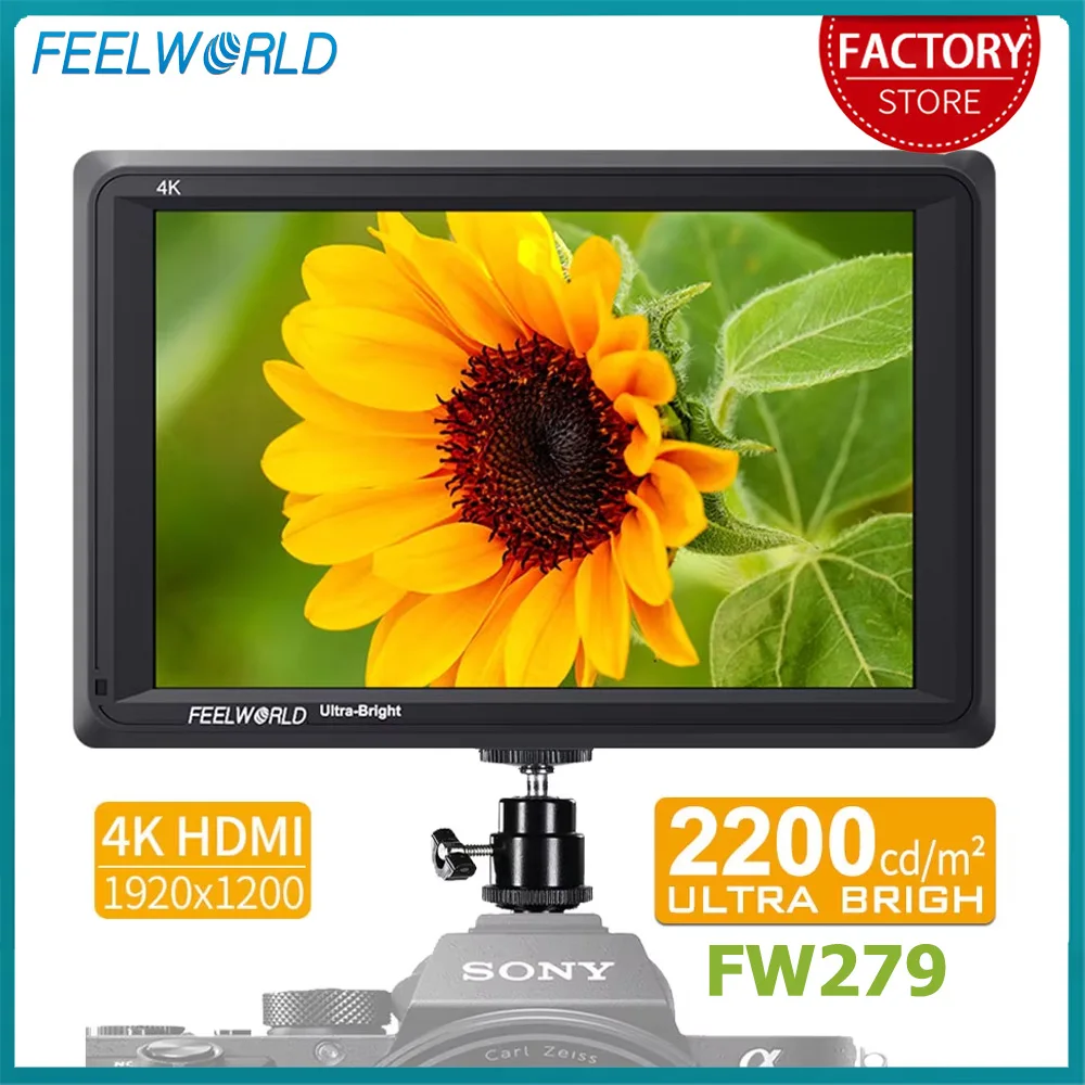 كاميرا Feelworld FW279 مقاس 7 بوصات 2200nit فائقة السطوع DSLR مراقب ميداني لأشعة الشمس قابلة للعرض بدقة Full HD 1920x1200 4K HDMI مخرج الإدخال