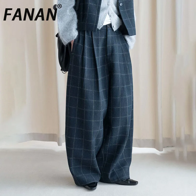 FANAN Retro Plaid Wool Wide Leg Trousers For Women High Waist Pleated Loose Baggy Pants Vintage Check Casual Streetwear Bottoms