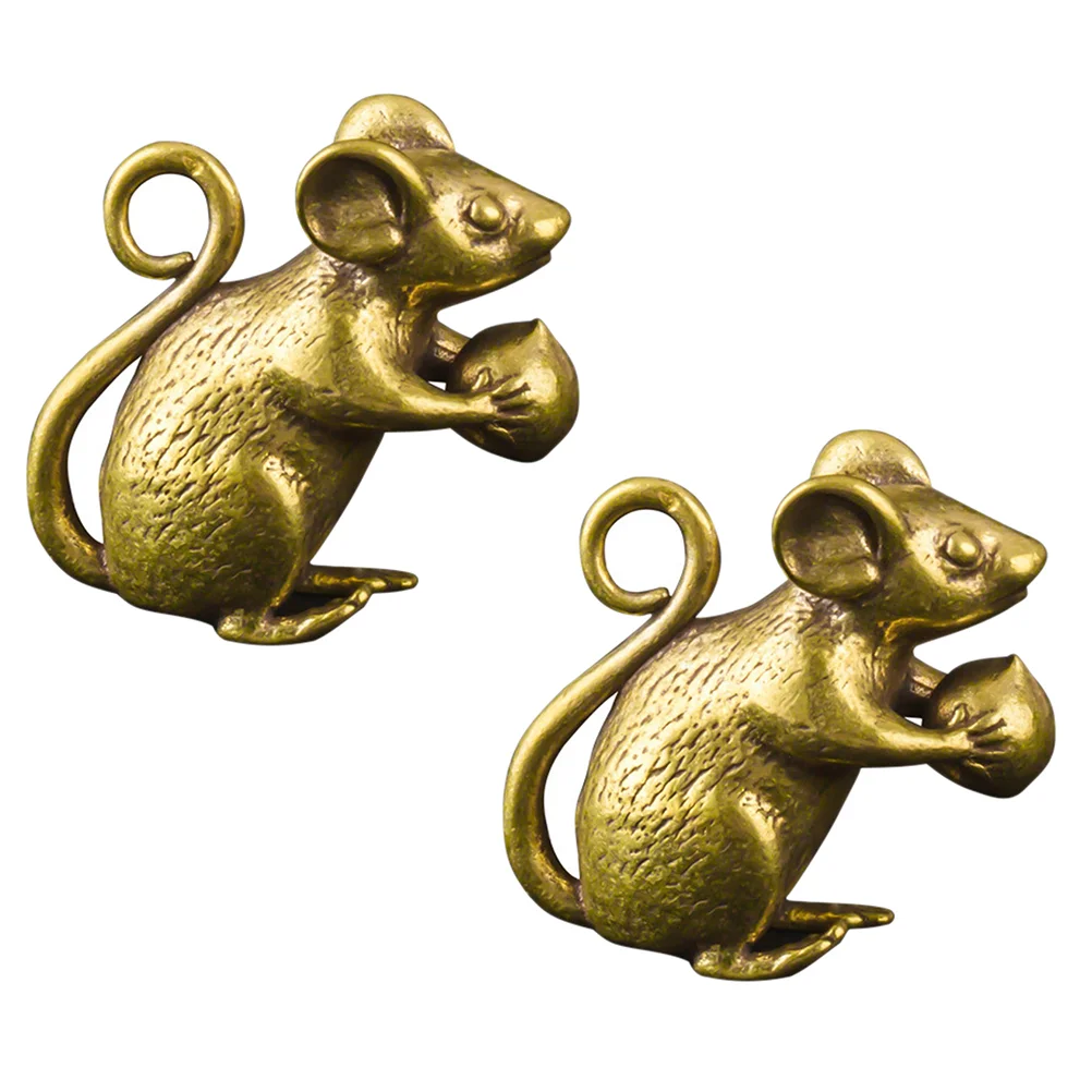 2 Pcs Office Decoration Brass Mouse Collectibles Zodiac Statue Sculpture Desktop Figurine Tabletop Car Toy