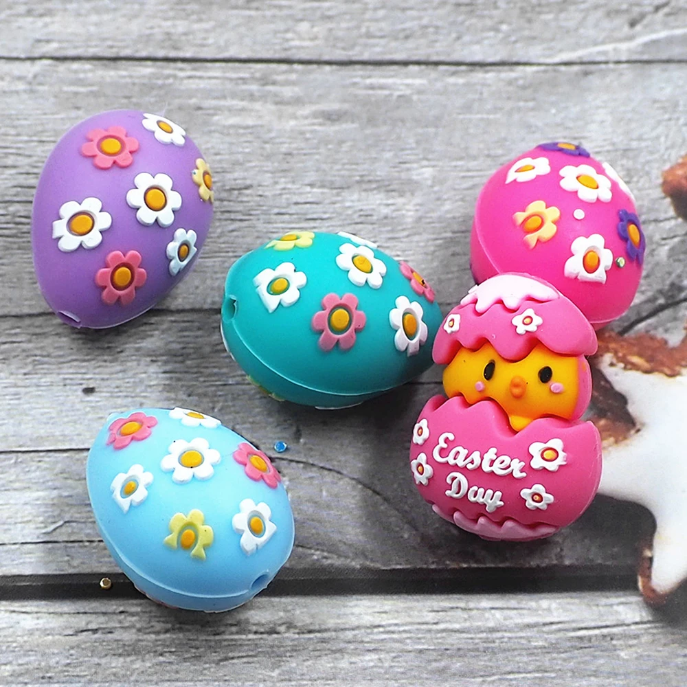 Chenkai 10pcs Easter Egg Silicone Focal Beads For Beadable Pen Silicone Charms for Pen Keychain Making Silicone Characters