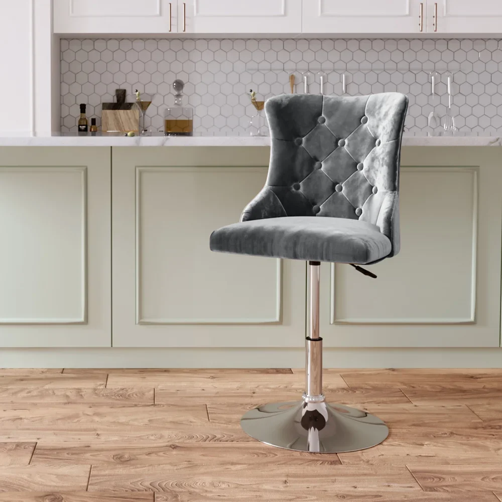 

Customizable Velvet Swivel Adjustable Bar Stool with Chrome Base, Grey