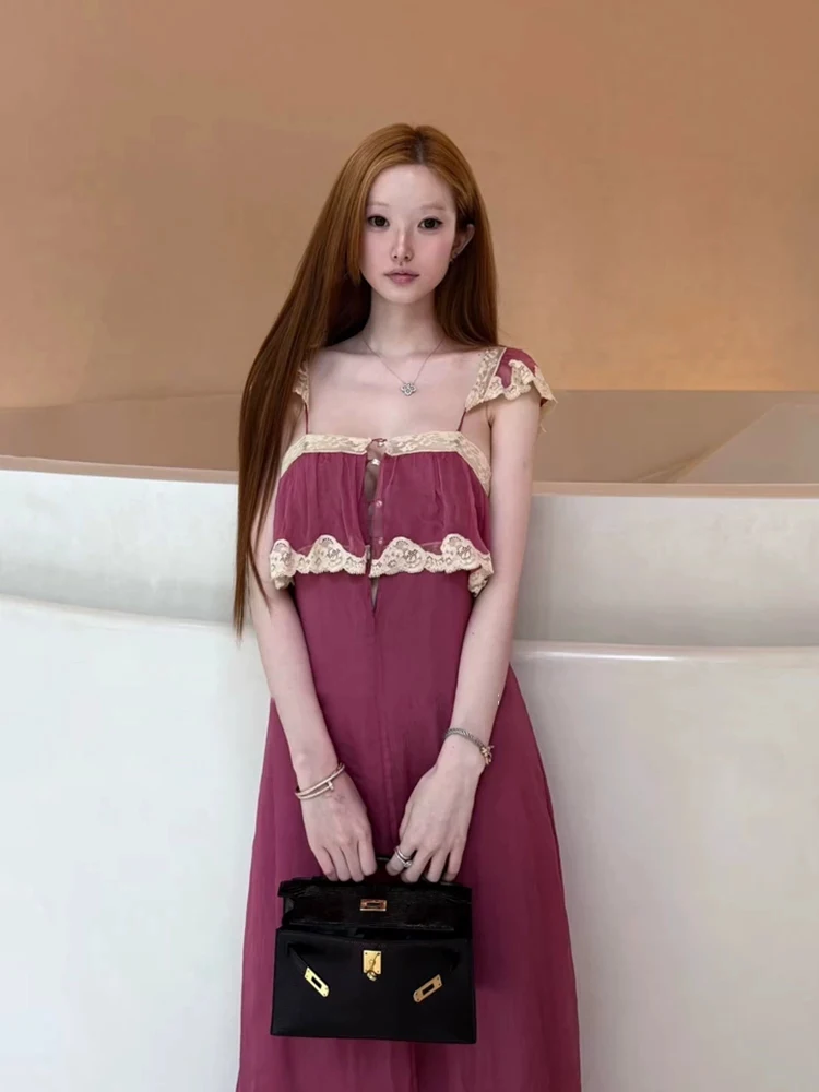 XZY Lace Trim Halter Dress Women's plus Size Spring Island Vacation Style Slimming Long Dress French Style A-Line Skirt