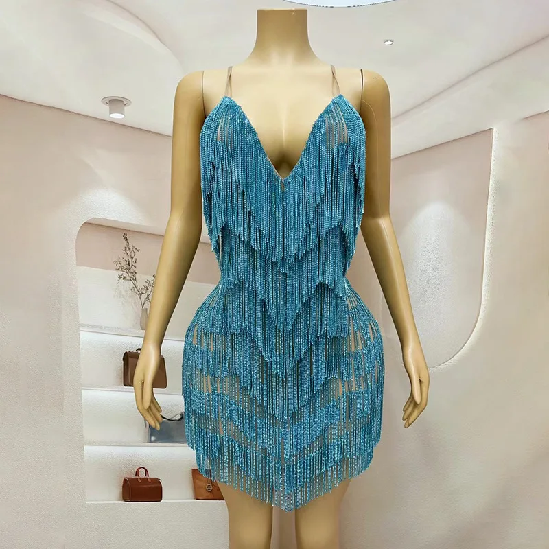 ฤดูร้อน Suspender ลึก V Fringed Multi-สีชุดราตรีบาร์ไนท์คลับเต้นรําเวที Live Talent Robes Bal De โปรโมชัน