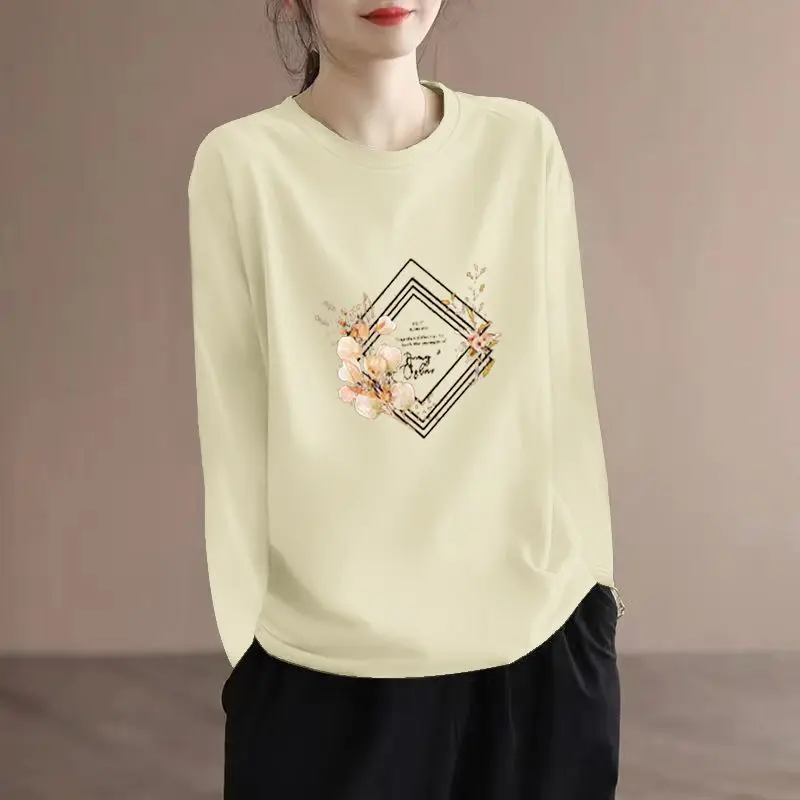 Comfortable Women's Clothing Long Sleeve Geometric Floral Printing Undershirt T-shirt Pullover Round Neck Spring Autumn Tops