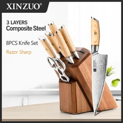 XINZUO 8PCS Set 3-layer Clad Steel Household Tools Pakkawood Handle with Scissors Knife Holder Practical Cooking Tools