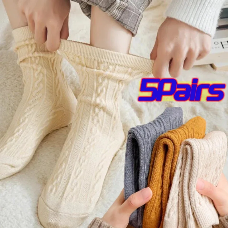 5 Pairs Warm Women's Socks New Winter Fashion Solid Color Fluffy Socks For Girls Home Thick Cute Floor Socks Kawaii Autumn Soft