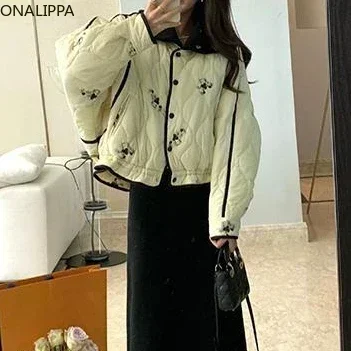 Onalippa Embroidery Floral Quilted Coat Small Fragrance Drawstring Contrast Winter Clothes Women French Style Vintage Coats