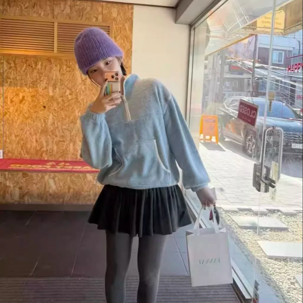 Mole io de Pelúcia com Meio Zíper Casual em Cor Sólida Confortável Estilo Retro F Moda Inverno 2025