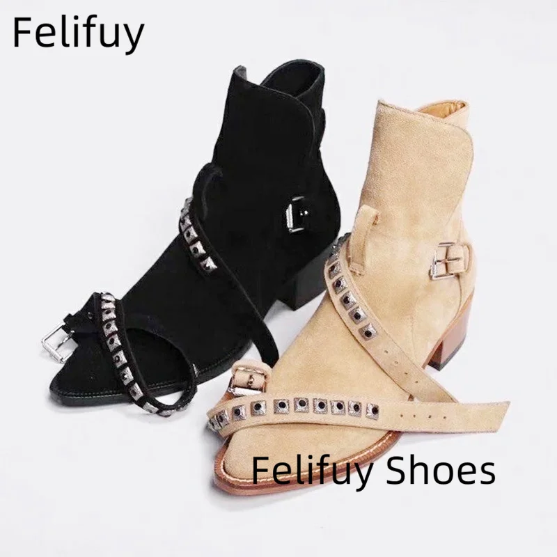 Black Rivets Belt Chelsea Boots Ankle Straps Handmade Men's Boots Novelty Designer British Style Suede Boots for Men Casual Shoe - view 2