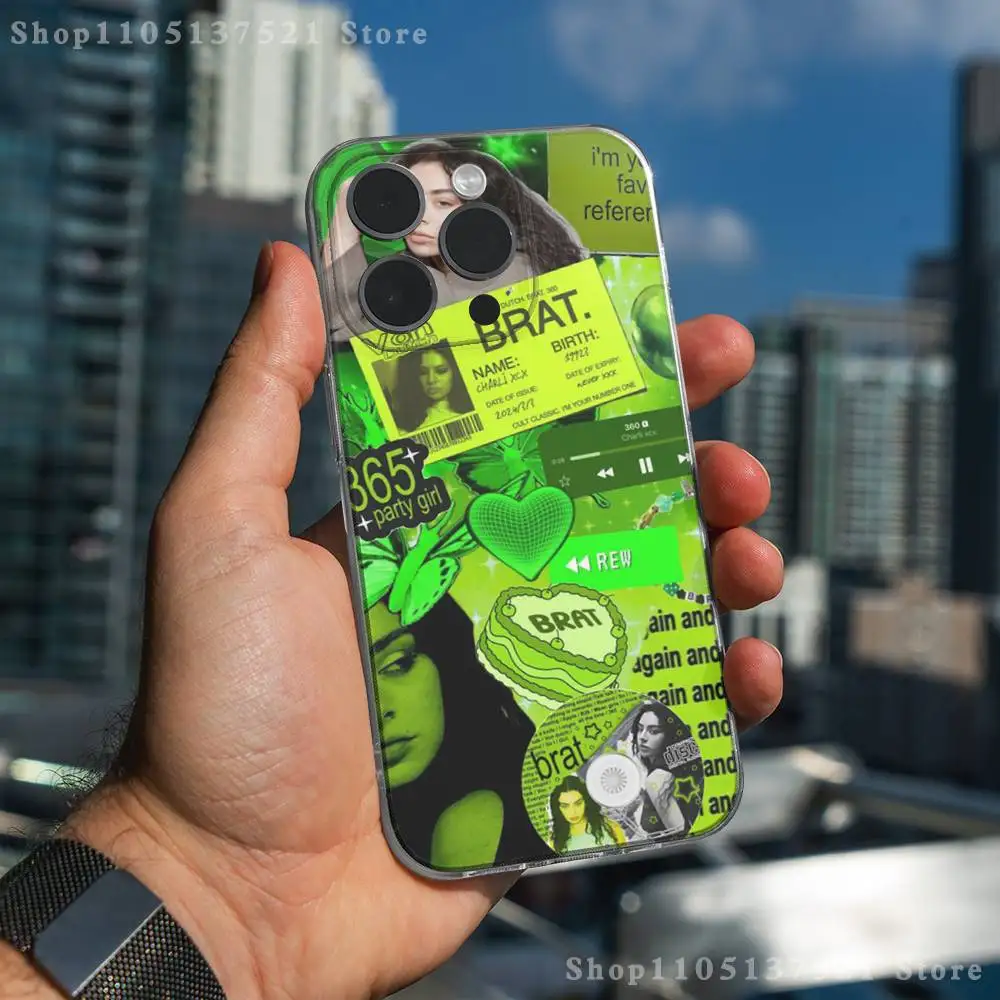 Custodia per telefono C-Charli X-XCX B-BRAT per iPhone 17,16,15,14,13,12,11 Pro,Max,Plus,X,XS,XR,SE4,E Mini Cover morbida trasparente