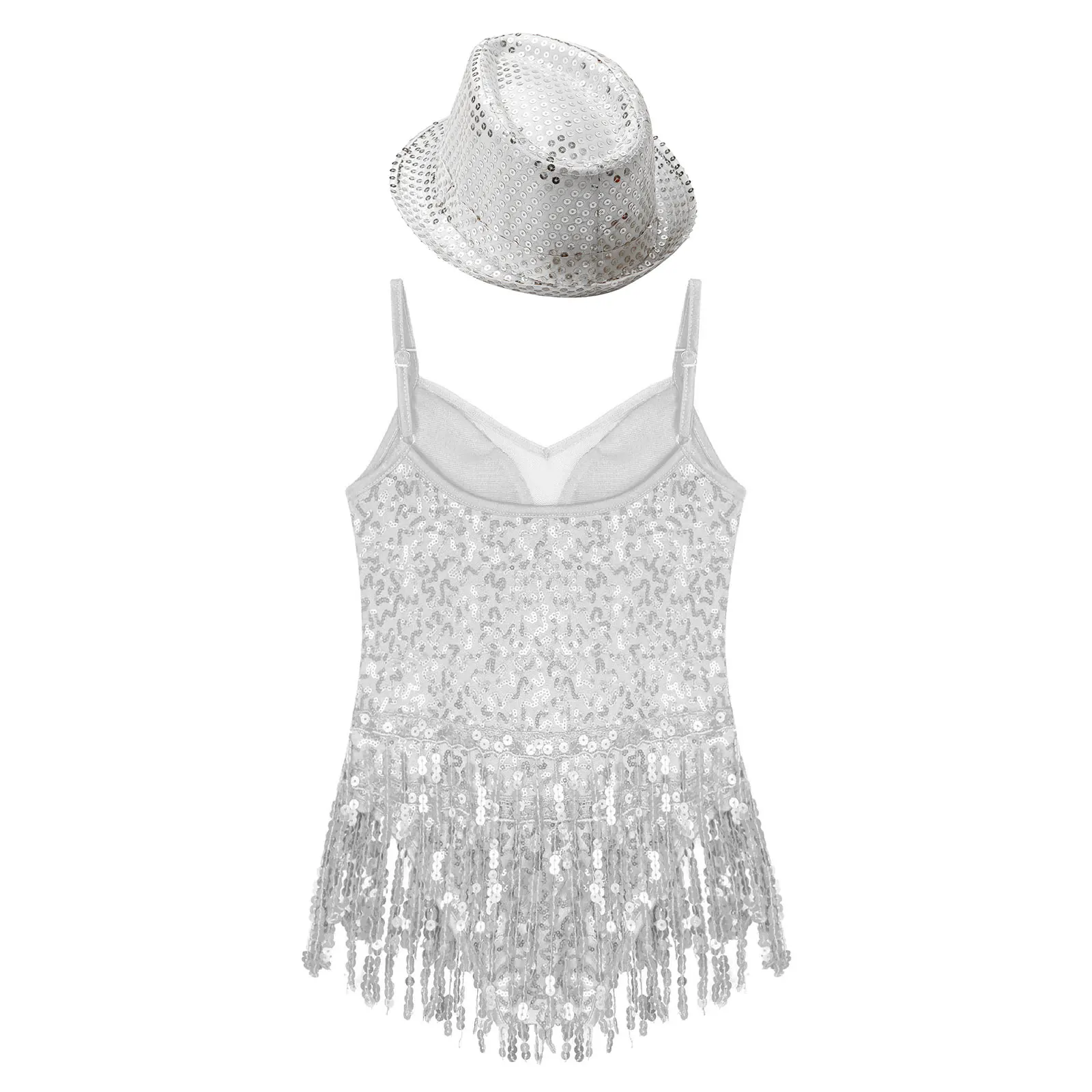 Kids Girls Chacha Latin Dance Costume Fringed Jumpsuit Shiny Tango Dancing Leotard Sequins Tassel Bodysuit Performance Dancewear