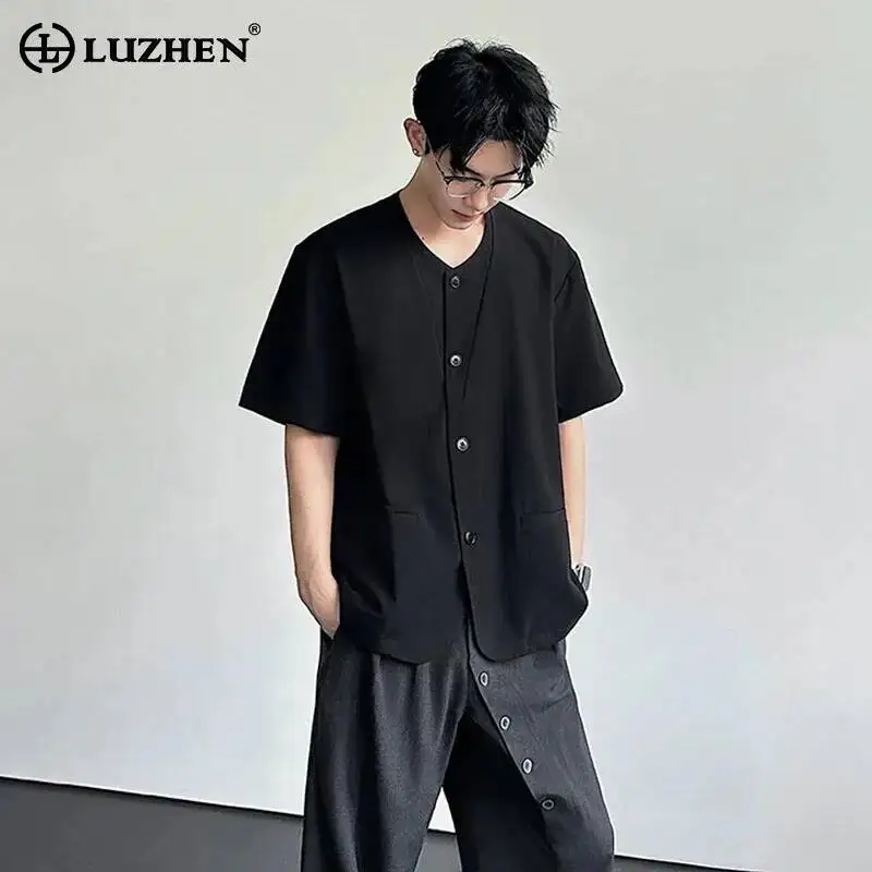 

LUZHEN 2026 Summer Fake Two Collar Niche Design Solid Color Short Sleeve T-shirts Men's Fashion Handsome Casual Male Tops JY6524