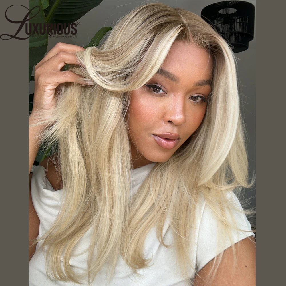 Perruque frontale en dentelle de couleur blond platine avec racines foncées perruques de cheveux humains brésiliens pour les femmes perruque blonde cendrée avec noeuds blanchis