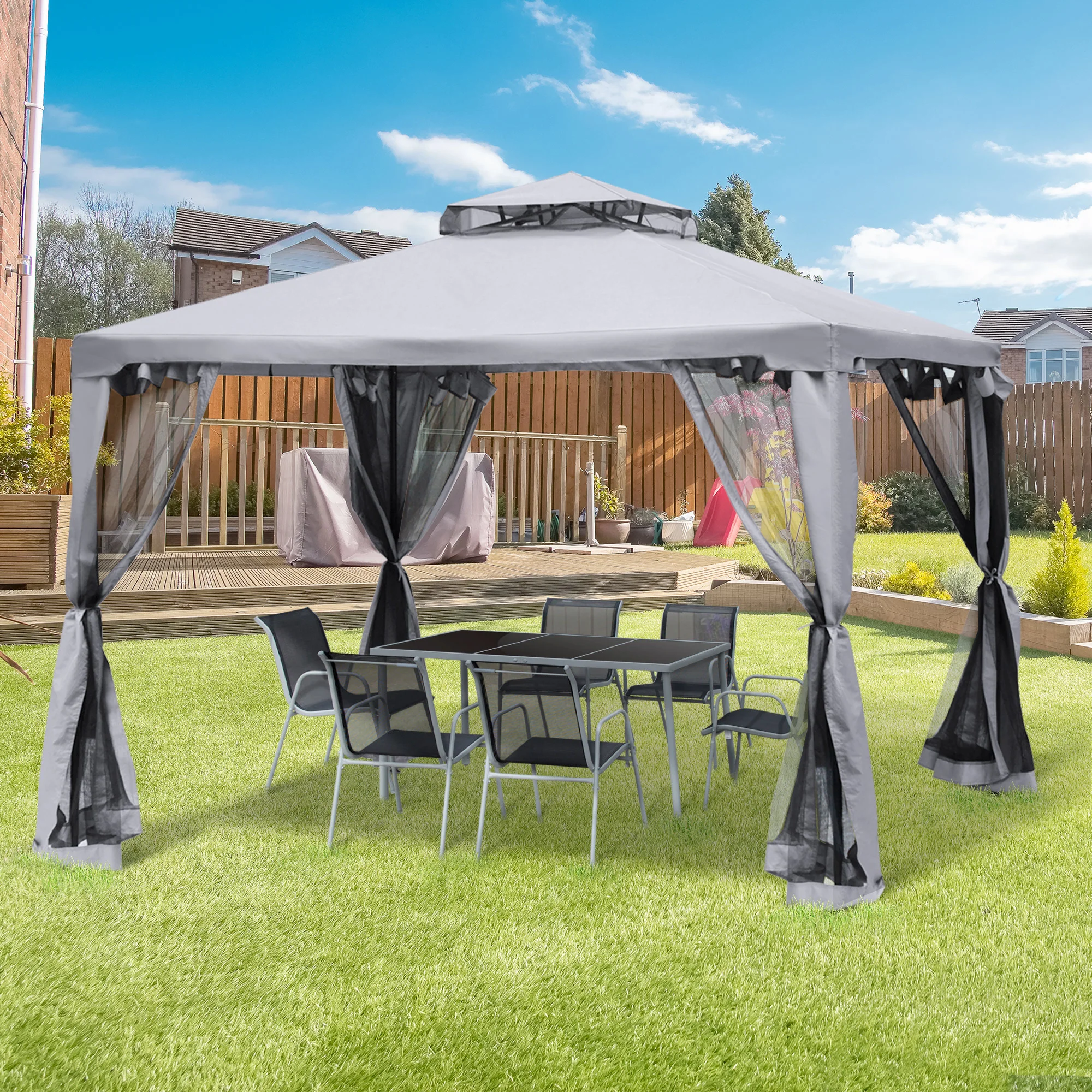 9.6' X 9.6' Outdoor Patio Gazebo Pavilion Canopy Tent W/ 2-Tier Roof Gray