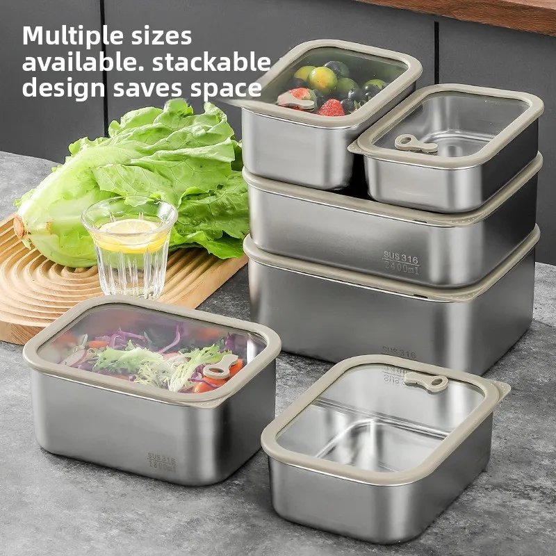 2026 New 316 Stainless Steel Food Storage Container With Glass Lid Microwave Safe Lunch Box Refrigerator Prep Plate