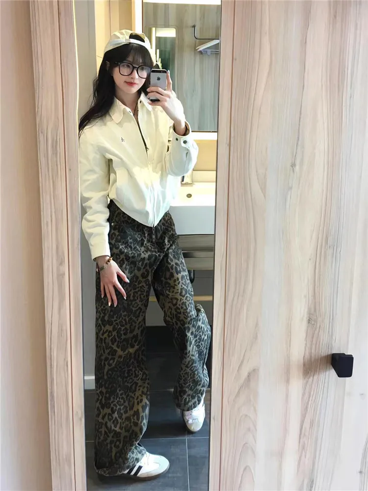 

American Retro Leopard Print Jeans Women's High Waist Wide Leg Pants Long Straight Cut Slimming Effect Spring Autumn Fashion