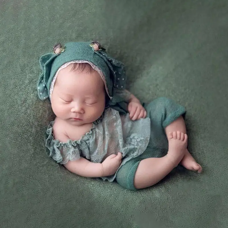  Newborns Photography Outfit Girls Lace Dress Animal Ears Hat Soft Cotton For Baby Photoshoots Celebrations