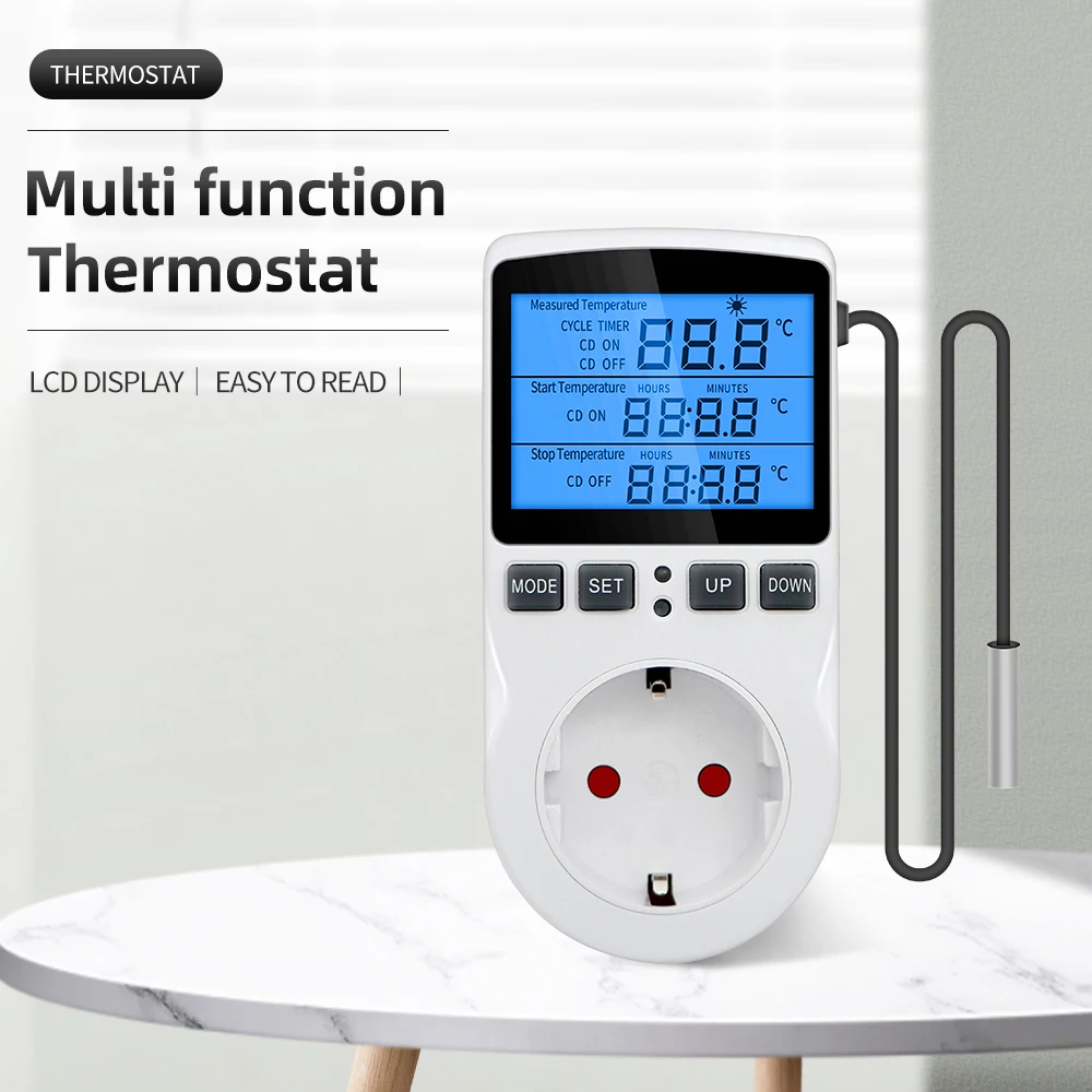 Termostato Timer presa con sensore di temperatura termostato Controller digitale interruttore retroilluminazione blu sensore sonda riscaldamento raffreddamento