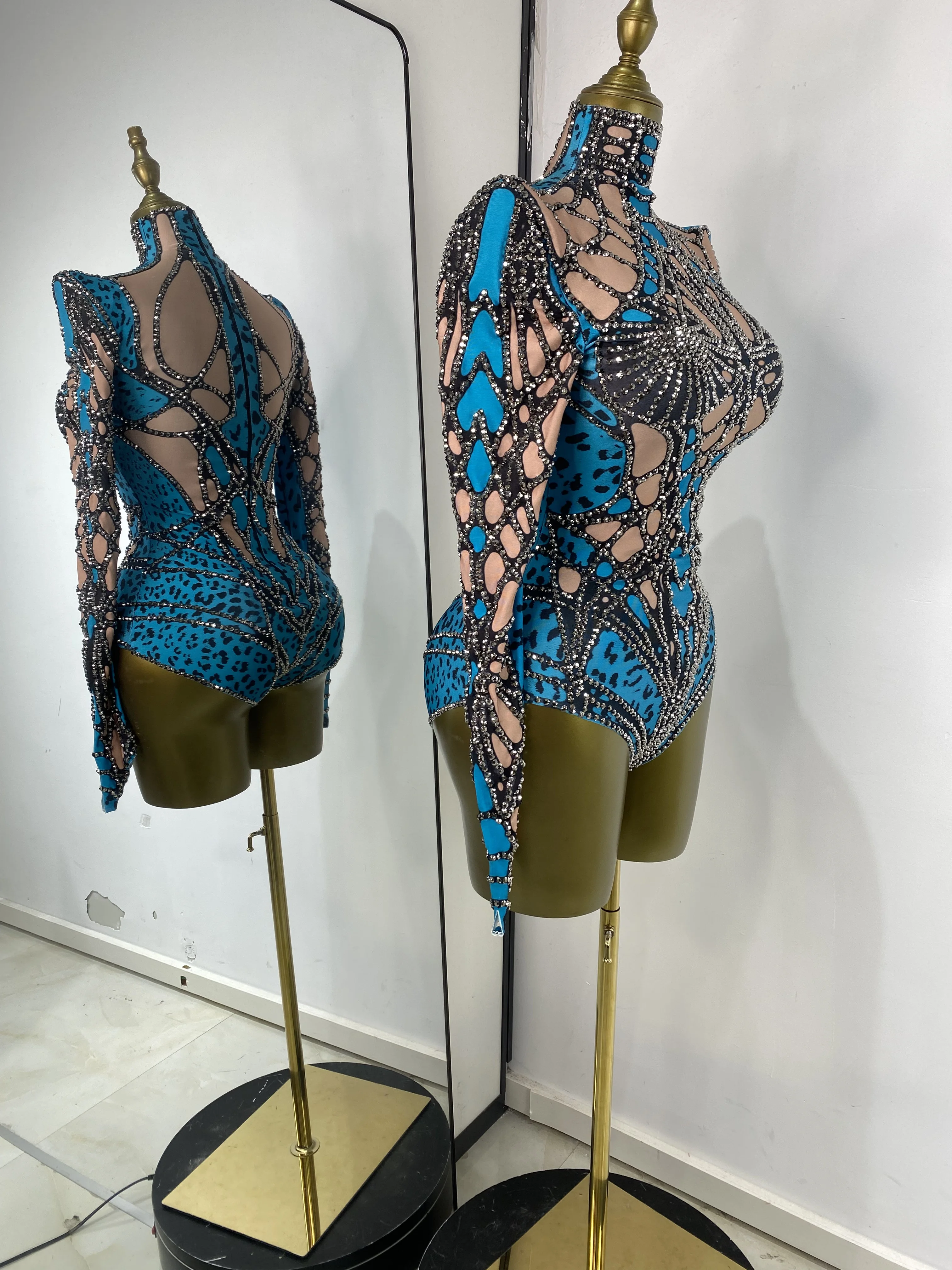 Body da donna con collo alto a maniche lunghe con strass stampati per occasioni speciali Body da ginnastica ritmica Abito da ballo sportivo