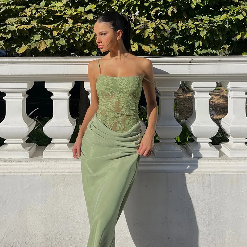 2026 Women Sexy Lace Patchwork Bodycon Dress Solid Color Backless Sleeveless Suspender Evening Party Vestidos