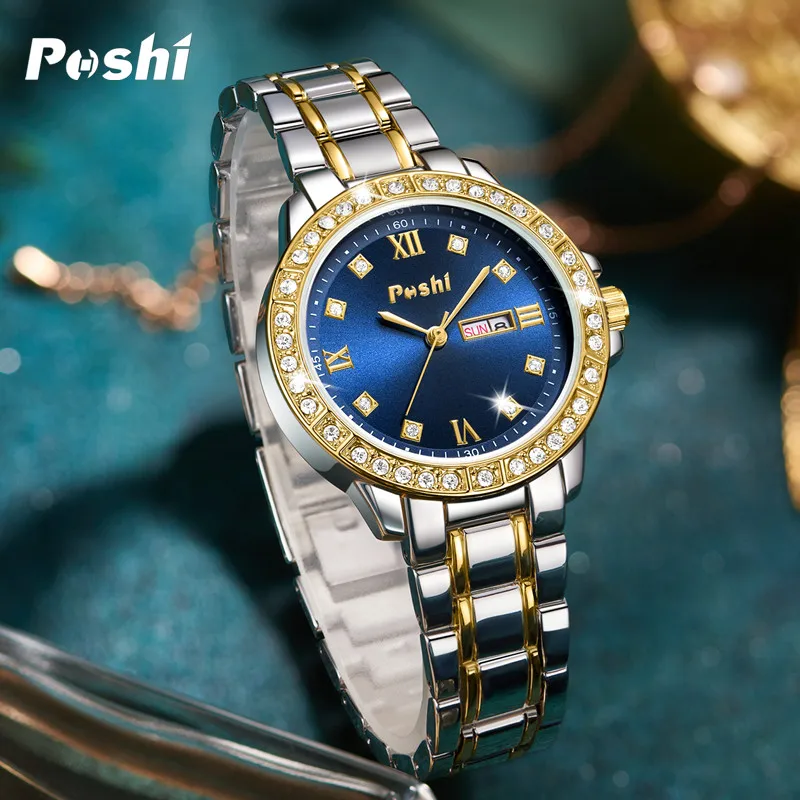 POSHI 944 Women\'s Watch Original Design Quartz Movement Wristwatch Fashion Luxury Casual Bracelet with Date Week Gift Box