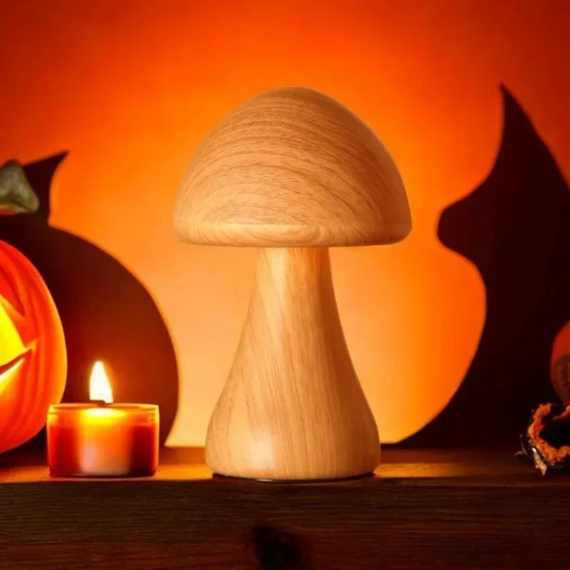 Smart Touch Control LED Wooden Cute Mushroom Night Lights Portable Dimmable Bedside Lamp with USB Charging Lamps for Home Decor