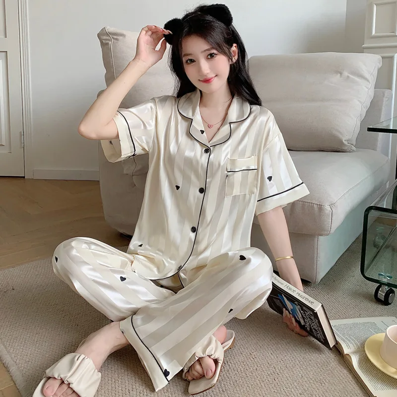 Women Pajamas Set Striped Sleepwear Two Piece Love Print Pyjama Faux Silk Satin Loungewear Short Sleeve V-Neck Pijama Pants