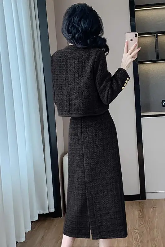 Francese Vintage Tweed due pezzi Set donna giacca corta cappotto + aderente gonna sottile abiti autunno inverno elegante OL 2 pezzi abiti