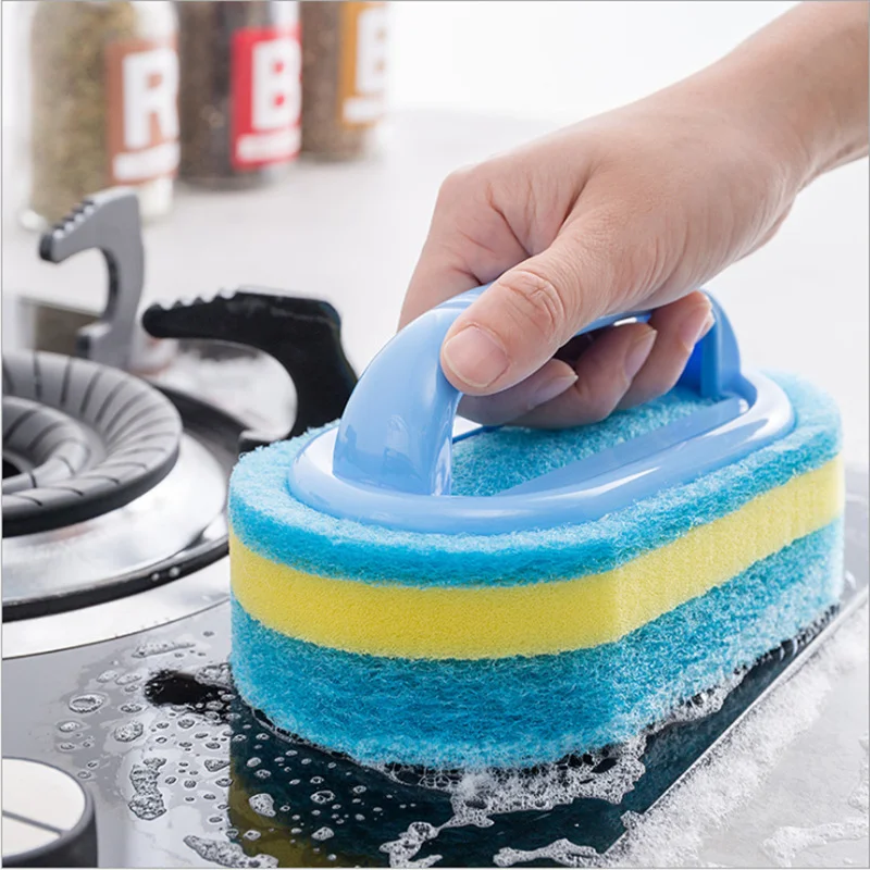 Kitchen Sponge Wipe with Handle Cleaning Brush Bathroom Tile Glass Cleaning Sponge Thickening Stain Removal Clean Brush