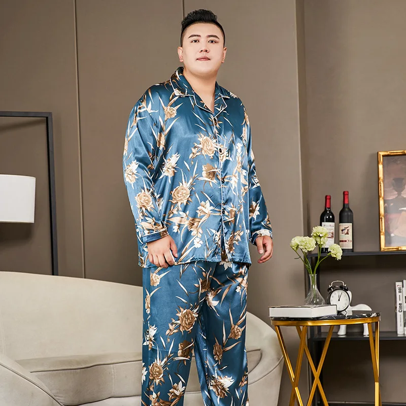 Spring Autumn Men's Thin Imitation Silk Pajamas Set Long Sleeve Casual Home Suit 5XL Plus Size Loose Fit Ice Silk Sleepwear