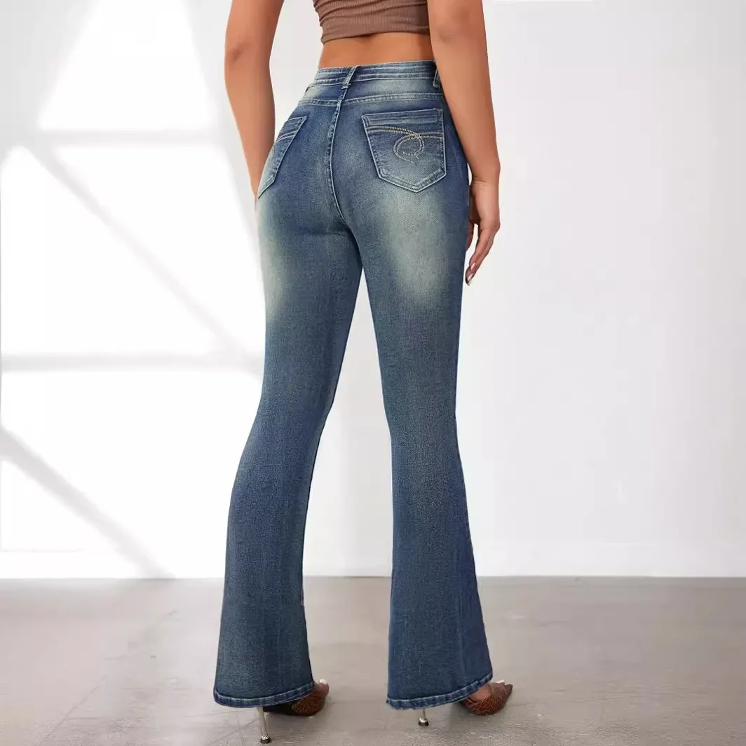 Calça jeans feminina desgastada, comprimento do tornozelo, calça flare, vintage, y2k, streetwear, cintura alta, bolsos, bodycon, streetwear