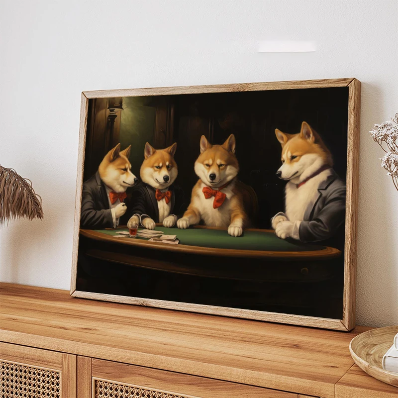 1pc frameless Mastiff Corgi French Bulldogs Playing Cards Poster Art Canvas Painting Print, Dog Cat Poker Humor Wall Art Picture