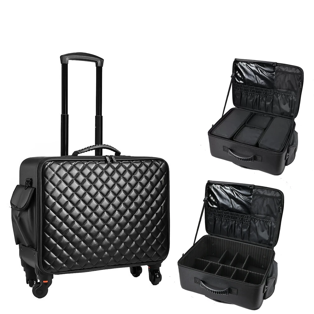 Makeup Travel Case 2in1 Rolling Cosmetology Train Organizer Detachable Wheels Brush Bag Liftable Trays Nail Hair Tools Storage