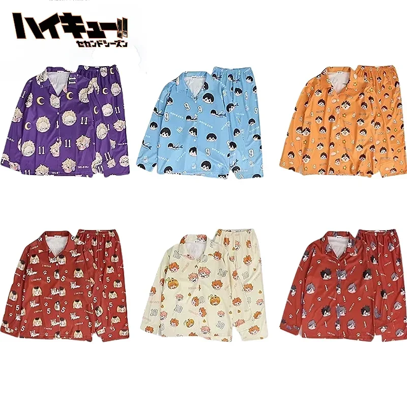 하이큐! !Shoyo Hinata 얼음 실크 잠옷 세트 귀여운 만화 긴팔 카디건 편안하고 부드러운 침실 가정 의류 소녀 선물