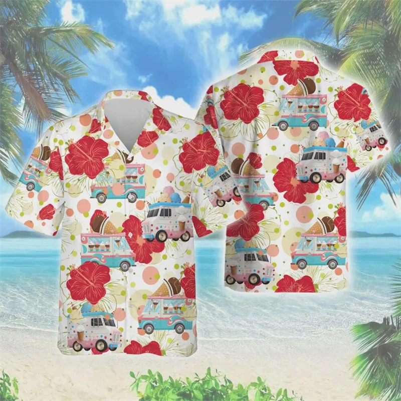 2025 New Fashion Ice Cream Shirts Beach Party 3d Print Hawaiian Shirt Children's Short Sleeve Oversized Blouse Lapel Shirts Tops