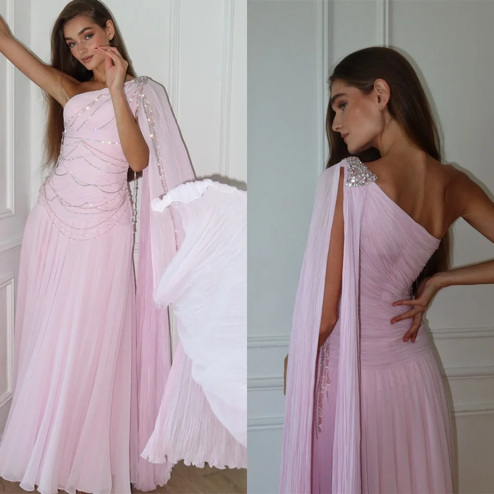 

Customized Delicate Light Purple Chiffon Evening Dress Exquisite One Shoulder Shawl Crystal Beading Special Occasion Gowns