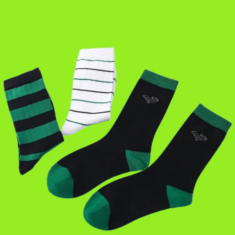 

3/6 Pairs Fashion Men's Socks Green Striped Socks Mid-tube Socks Trend Summer Street Hip-hop Sports Personality Skateboard Socks